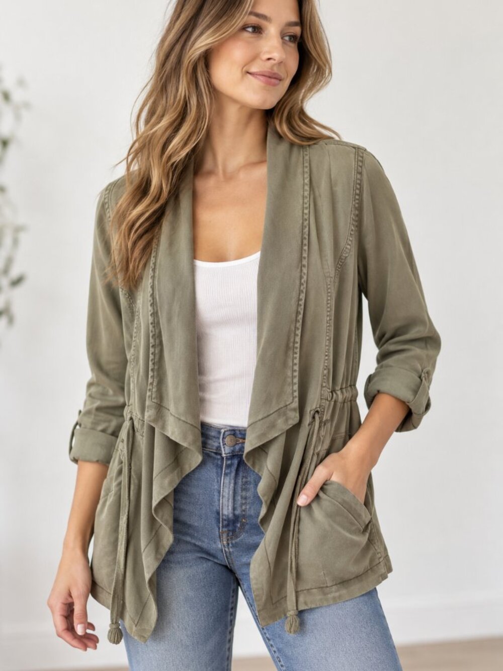 Max Jeans Olive Green Tencel Draped Utility Jacket S
